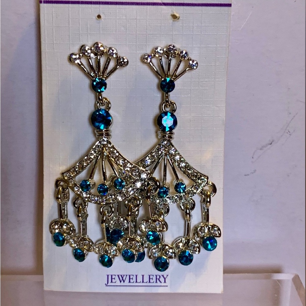 Antique Gold and Blue Crystal Chandelier Earrings